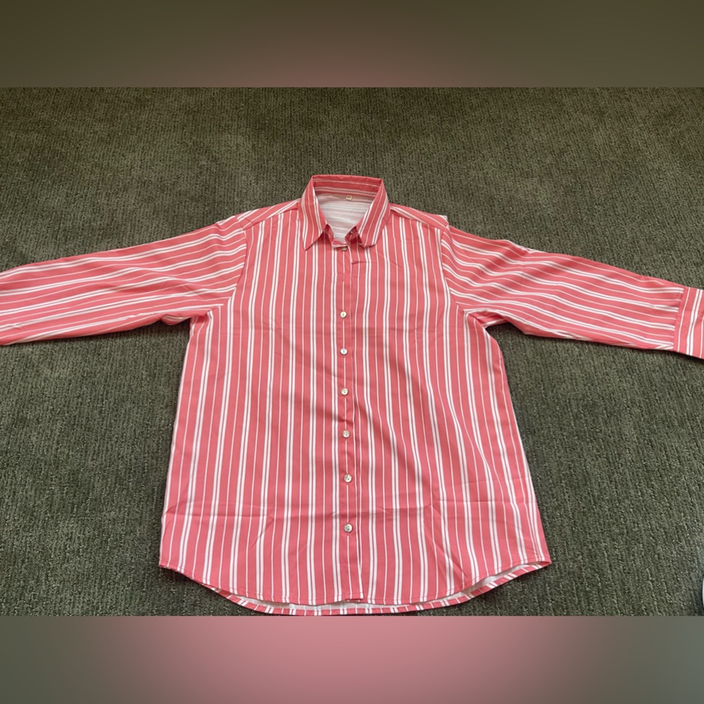 Long sleeve, pink with white stripes, button up